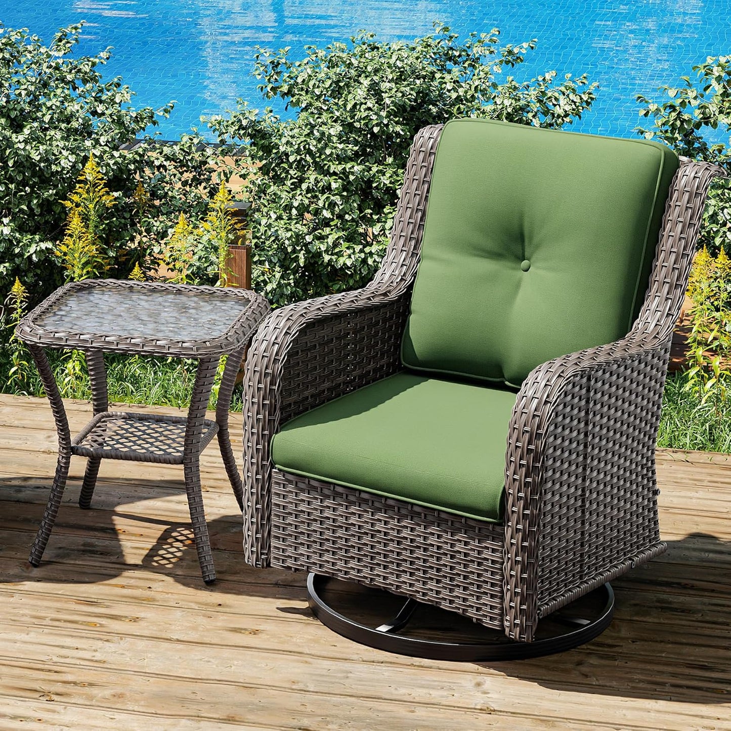 Joyside Outdoor Swivel Rocker Patio Chair and Matching Side Table - 2-Piece Wicker Patio Bistro Set with Premium Fabric Cushions (Brown Mixed with Grey/Green)