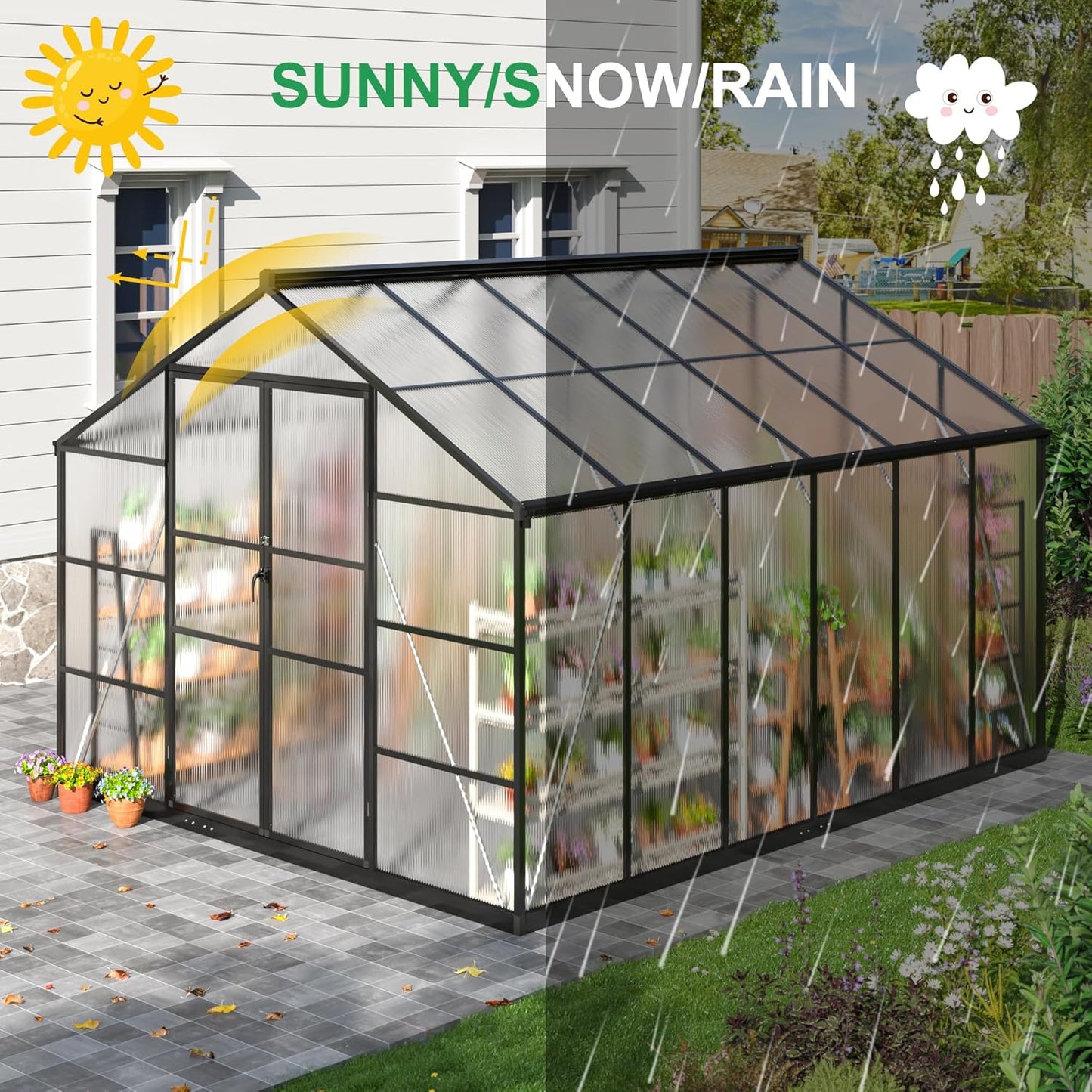 WKM 10x12 FT Greenhouse, Enhanced Aluminum Frame Greenhouses for Outdoors Withstands Strong Wind or Snow, Green House with Swing Door, Green Houses for Outside Garden Backyard, Black