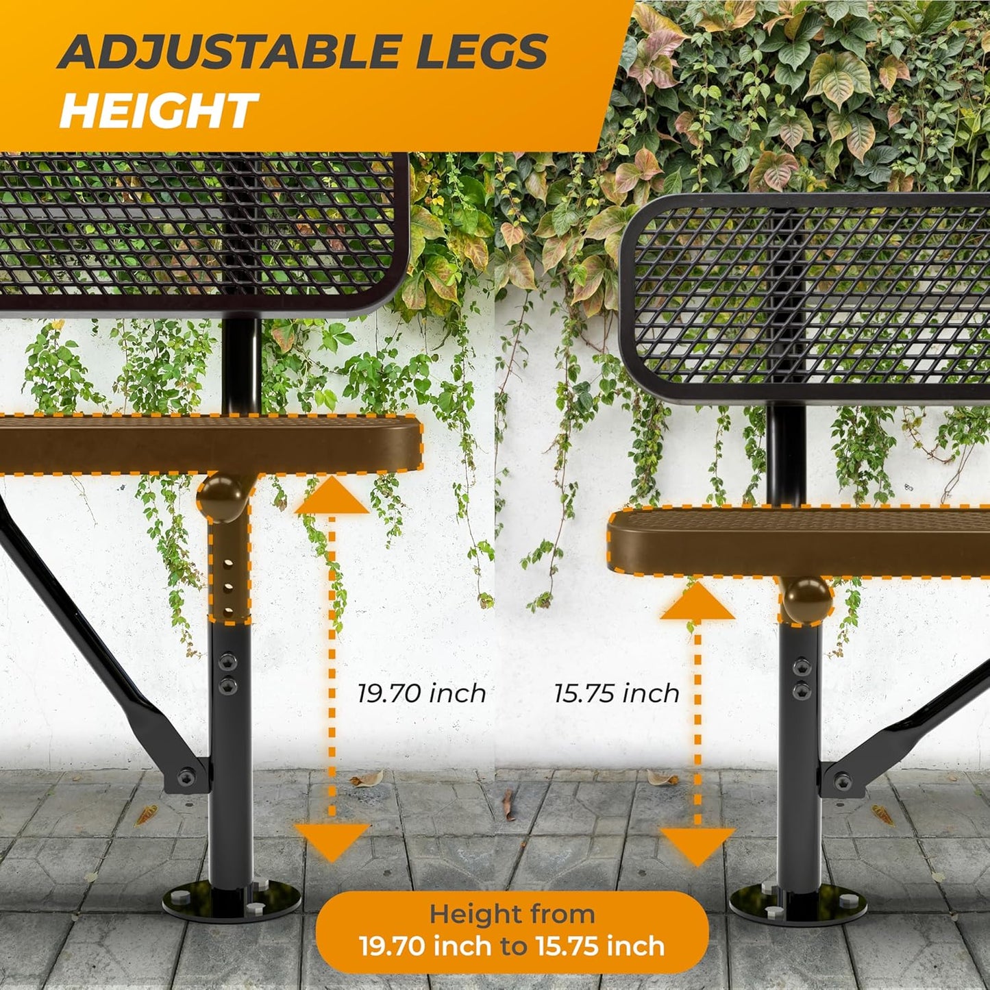 Heavy-Duty Outdoor Metal Bench, Thermoplastic-Coated, Surface, Weatherproof, Commercial-Grade for Parks, Gardens, Patios, Stores & More (6 Ft - Surface with Back, Black)