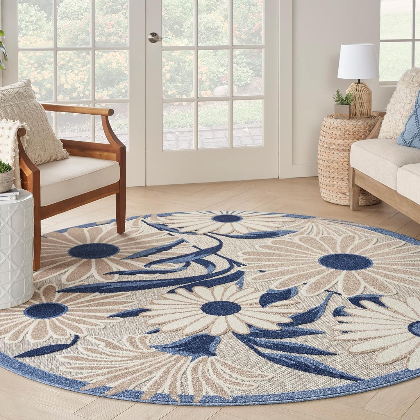 Nourison Home Aloha Outdoor Blue Grey 5'3" x Round Area Rug, Easy Cleaning, Non Shedding, Bed Room, Living Room, Dining Room, Deck, Backyard, Patio (5 Round)