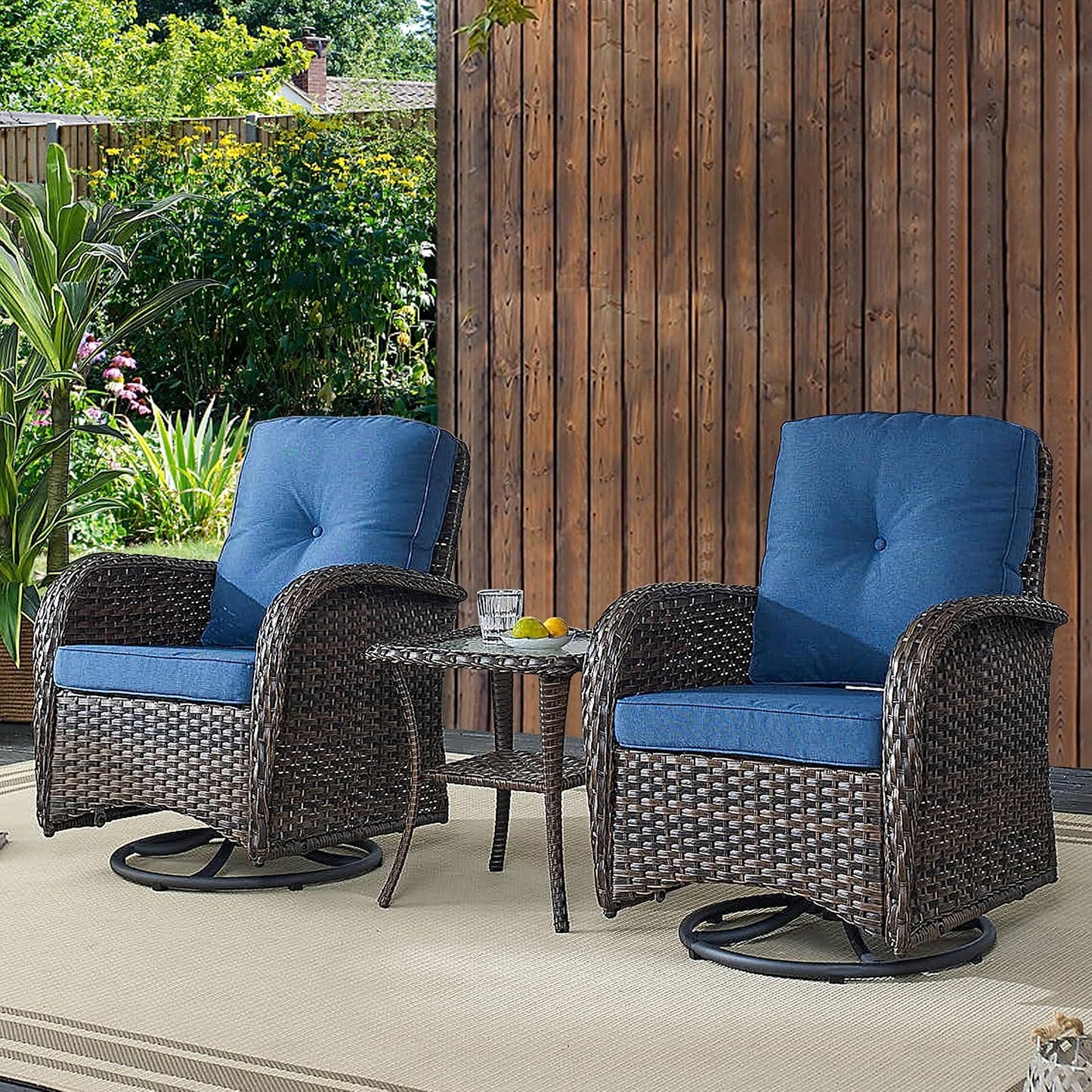 7 Piece Outdoor Patio Wicker Furniture Sets with Swivel Rocker Chairs, Rattan Loveseat Conversation Sets for Patio Deck Backyard Poolside, Blue Cushion