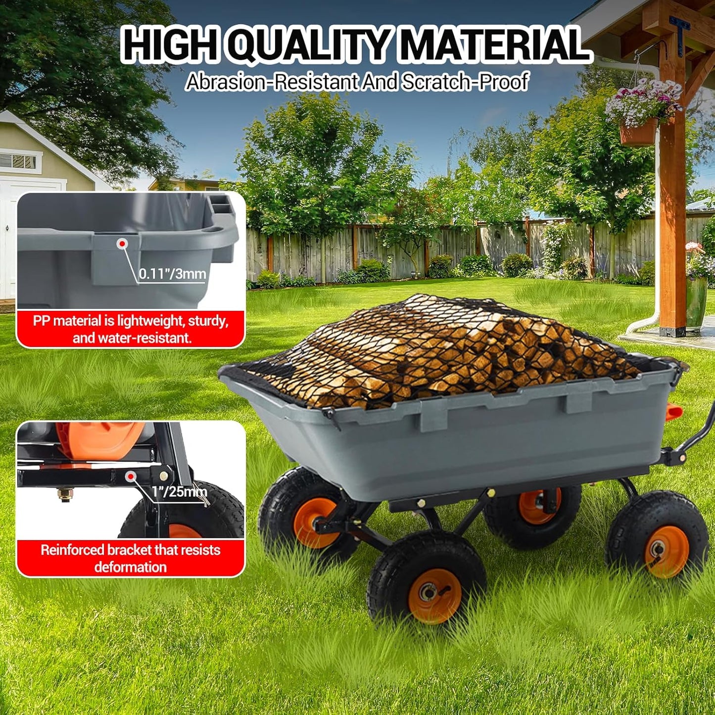 Heavy Duty Poly Utility Dump Wagon 180°Quick Release Dumping, 800 Lb Capacity Outdoor Wheelbarrow for Yard, Landscaping & Gardening