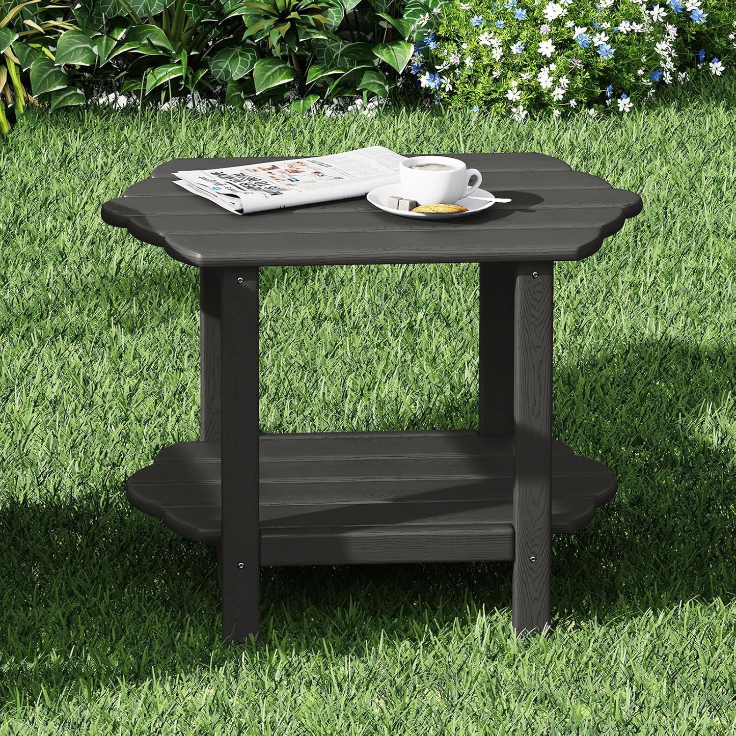 Small Outdoor Side Tables Modern 2-Tier Adirondack Table Rustic End Table HDPE Storage Shelf Industrial Corner Rectangle Coffee Table for Patio Garden Balcony Backyard Pool Farmhouse Home Grey