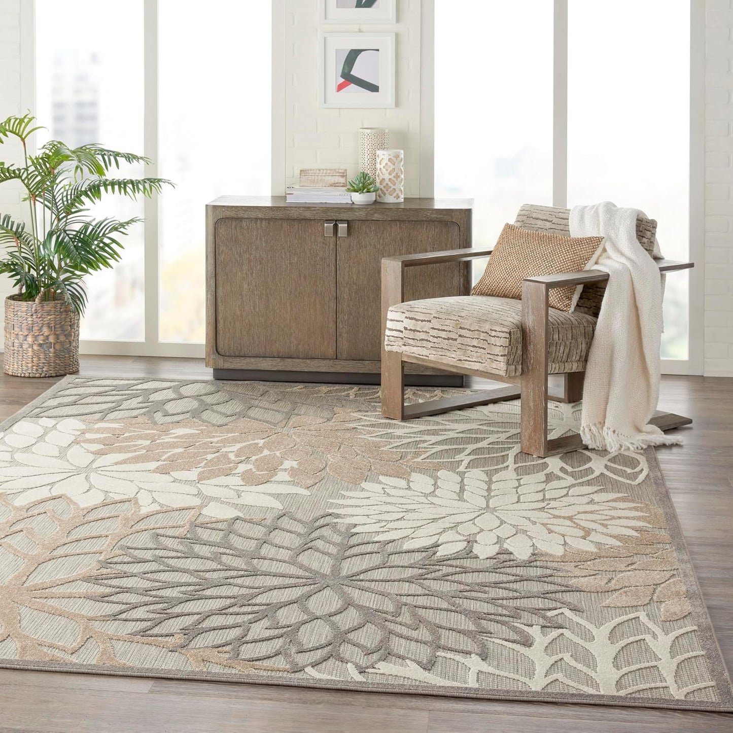 Nourison Home Aloha Indoor/Outdoor Floral Natural 7'10" x 10'6" Area Rug (8' x 11'), 7'10"X10'6",