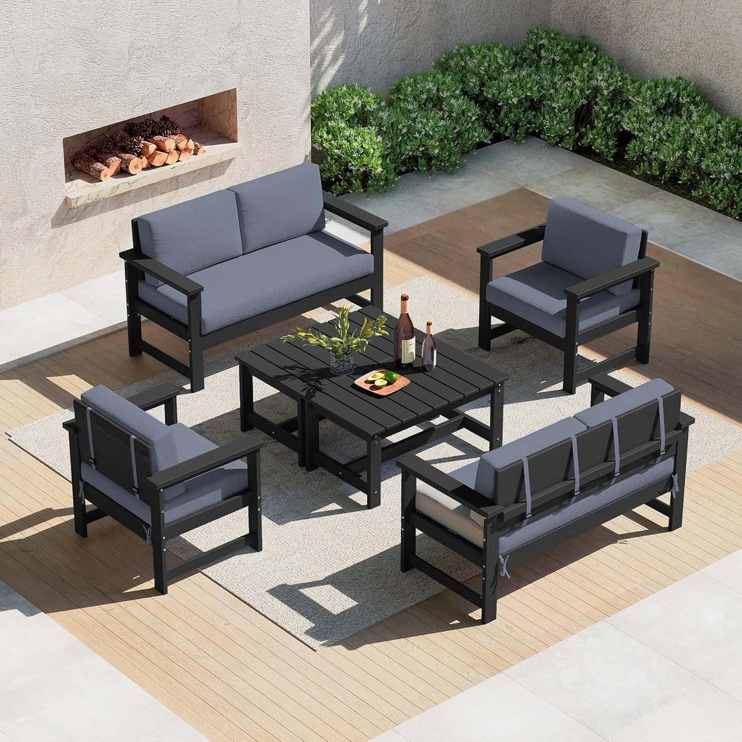 SERWALL 6 Pieces HDPE Outdoor Conversation Sofa Set with Cushions, All Weather Couch Loveseat Furniture with Coffee Table and Cushion, Outdoor Social Sofa Set, Black Frame with Grey Cushions
