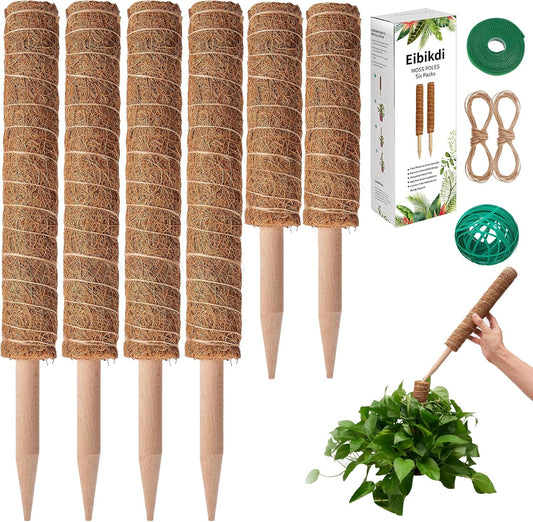 6 Pcs Moss Pole Extending to 68 Inches for Plants Monstera, Plant Support Stakes for Indoor Climbing Plants Grow Upwards, with 65ft Twist Ties, 13ft Jute Rope, 6.5ft Hook-and-Loop Strip