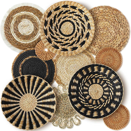 11 Pcs Boho Hanging Wall Basket Decor Handmade Woven Basket Wall Decorative Boho Wicker Baskets Placemats Round Farmhouse Bulrush Art for Rustic Home Decorations Christmas Gift(Assorted)