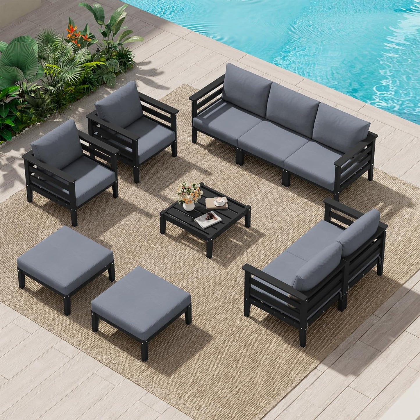 SERWALL HDPE Patio Furniture Set, 10 Pieces Outdoor Sectional Sofa Set, All-Weather Wood-Like Outdoor Sofa Couch with Coffee Table for Deck, Lawn, Black Frame with Grey Cushion