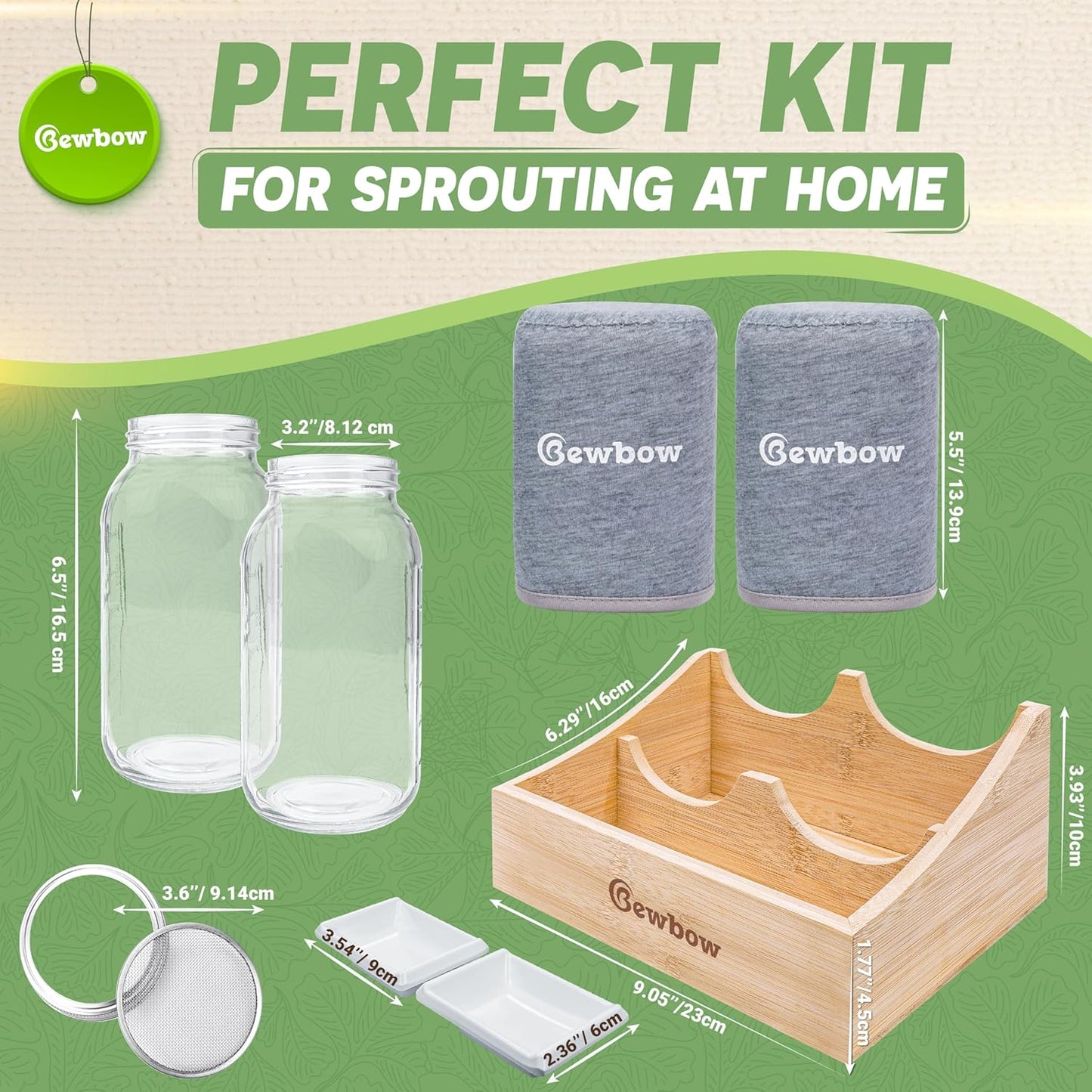 [Premium] Seed Sprouting Jar Kit with Bamboo Holder, 2 PCS Mason Jars, Drain Tray, Screen Lids, Blackout Sleeves, Good Ventilation & Drainage Capacity, Growing Fresh Organic Mung Beans & Microgreens