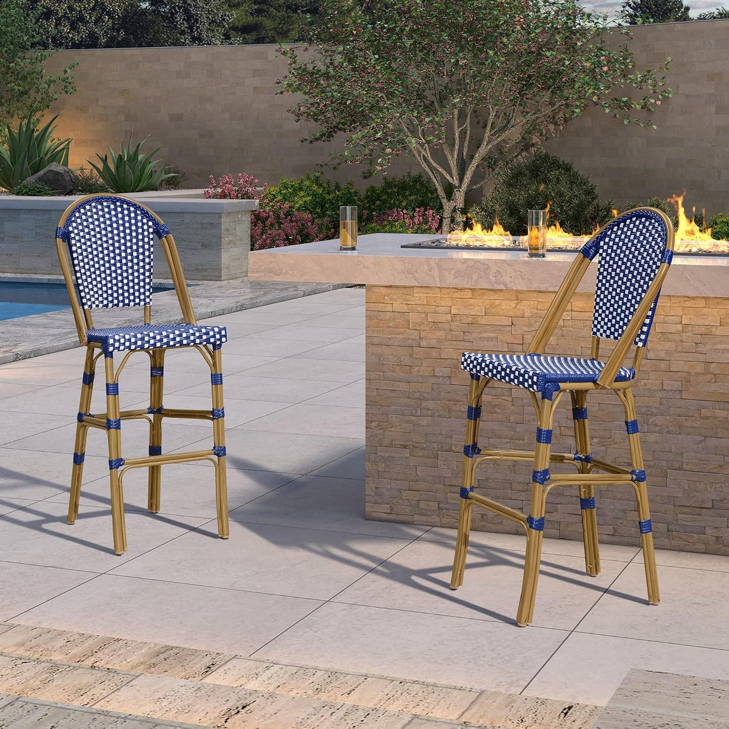 PURPLE LEAF French Bar Stool Set of 2 Bamboo Print Finish Patio Bar Stools with Back Rattan Chairs Wicker Bar Height Stool 30" with Footrest Kitchen Island Stools Outdoor Barstool Royal Blue