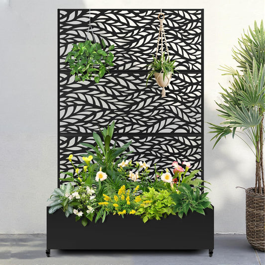 FENCY Metal Raised Garden Bed with Wheels and Trellis,73"x47"x16" Planter Box for Climbing Plants, Vegetables & Vines, Features Privacy Screen and Drainage Holes (Black-Leaf)