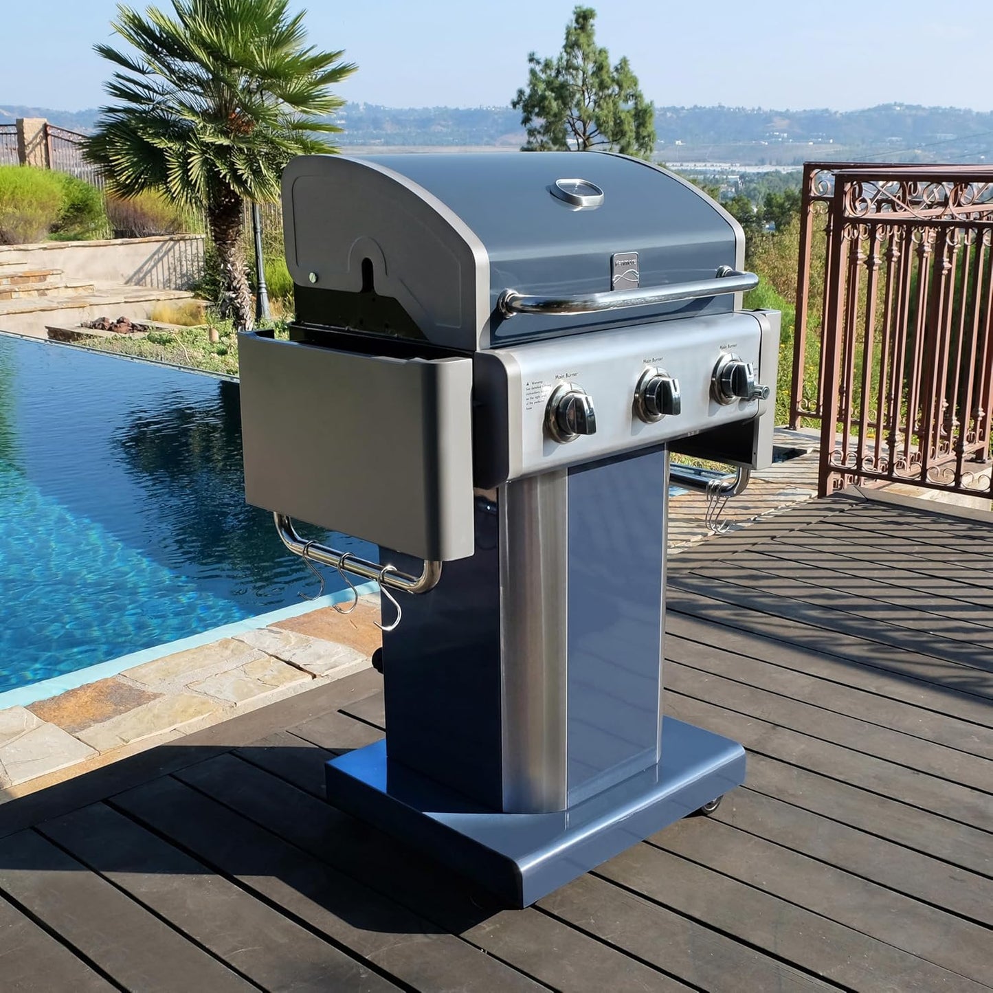 Kenmore 3-Burner Propane BBQ Grill, 30,000 BTUs Gas Grill with Cast Iron Cooking Grates, Folding Side Tables & Wheels, Outdoor Grill with Tool Hooks, Azure Blue + Bonus Cover