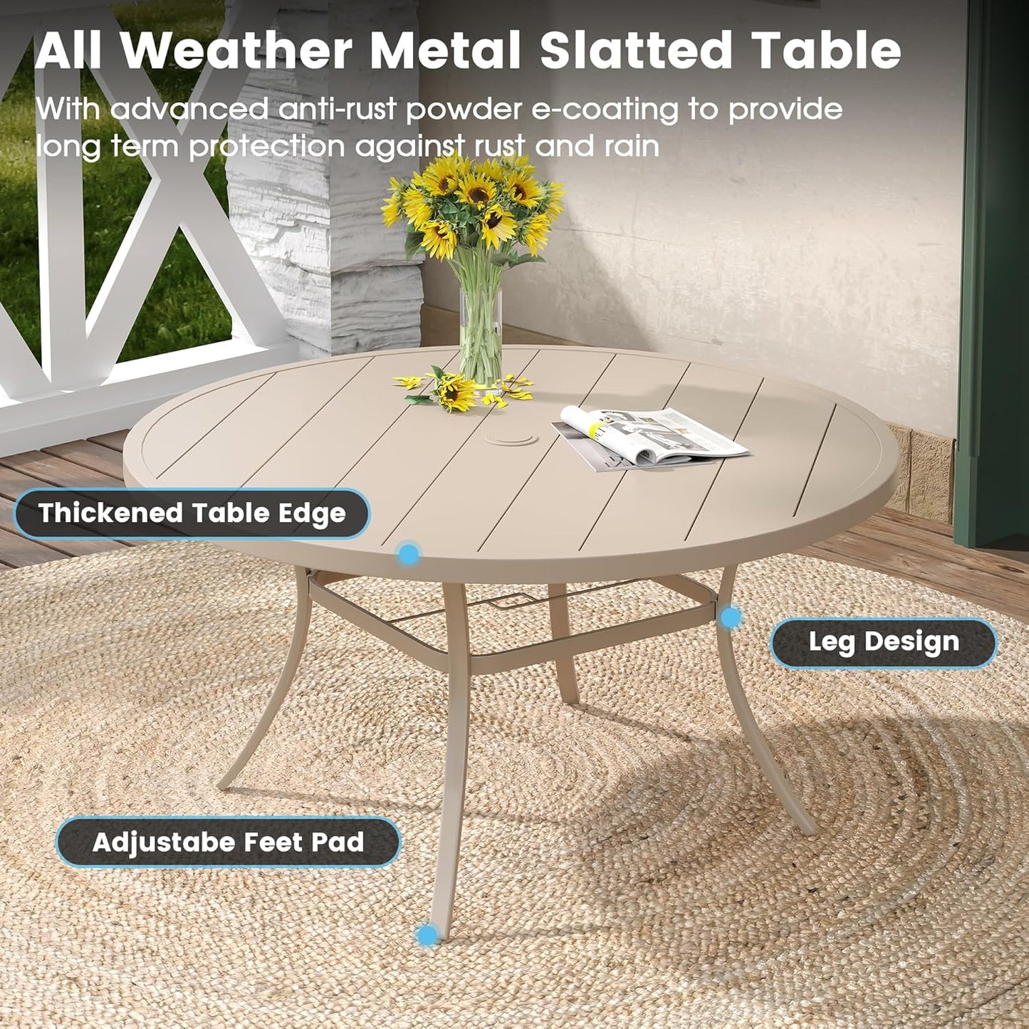 DIFY 53" Round Outdoor Patio Dining Table for 8, Metal Patio Table with 1.57" Adjustable Umbrella Hole, All-Weather Dining Furniture Table for Backyard Lawn Garden, Cream