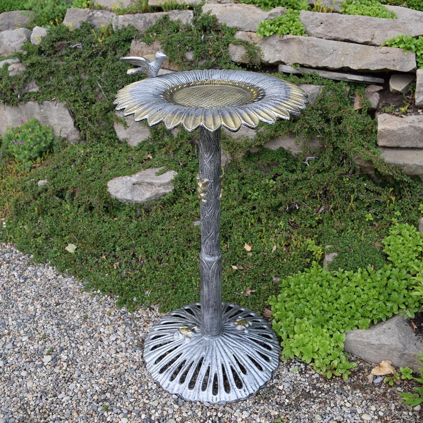 Oakland Living 5065AP Antique Pewter Sunflower Design Aluminum Birdbath, Silver