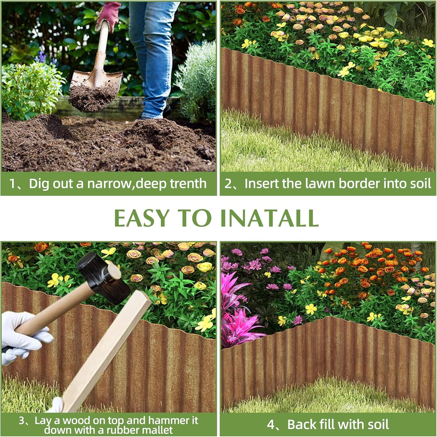 Metal Garden Edging Border, Corrugated Steel Landscaping, DIY for Lawn (Rusty, 10 Inch x 10FT)