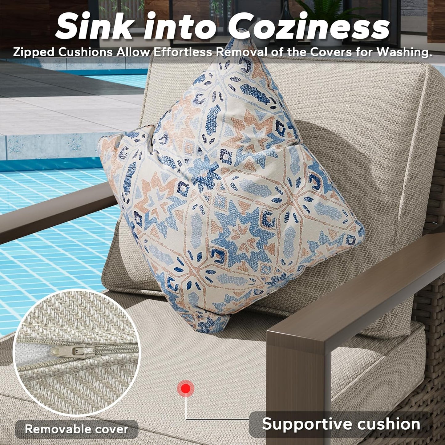 Outdoor Wicker Metal Chairs Set of 2 with Two Ottomans - 4 Pieces Patio Bistro Set with Rectangular Framed Wood-Looking Metal Armrest & Removable Cushions for Poolside, Terrace, Beige