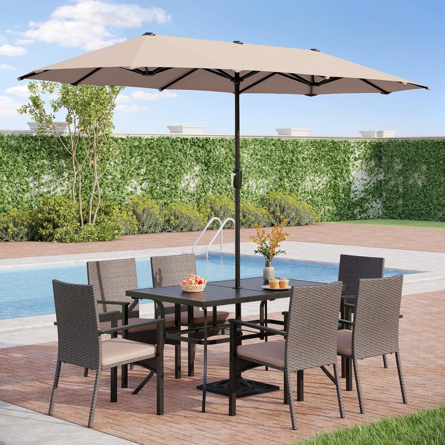 PHI VILLA 6-Person Outdoor Metal Steel Slat Dining Rectangle Table with Adjustable Umbrella Hole, Weather-Resistant for Patio Outdoor Use, Black