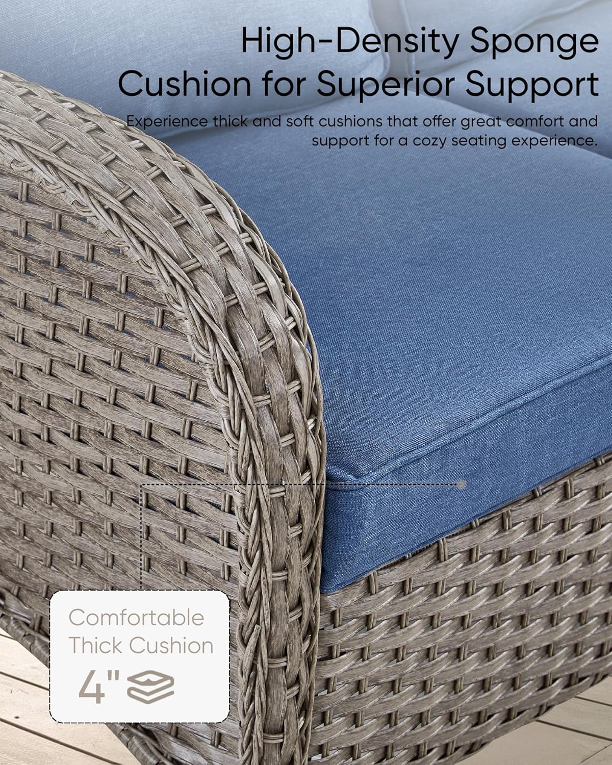 HUMMUH 2-Person Outdoor Glider Bench-All-Weather Wicker Patio Double Swing Rocking Chair Patio Loveseat for Deck Lawn Porch Balcony Poolside-Grey/Blue