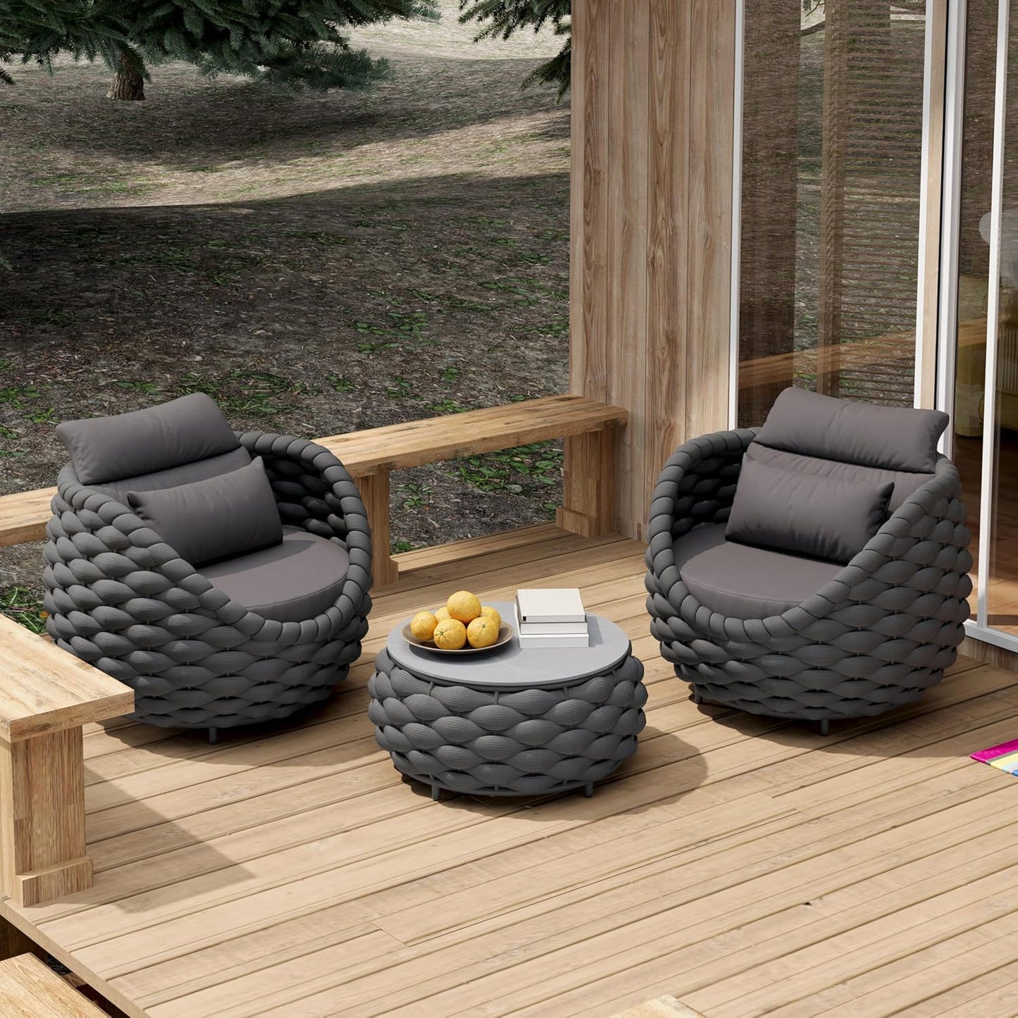 Front Porch Furniture Set 3 Piece: Aluminum Woven Rope Patio Conversation Sofa Set for 2 - Assembled Outdoor Couch Armchair Set Cushions - for 400lb Deck Balcony Pool Yard Hotel - Dark Gray