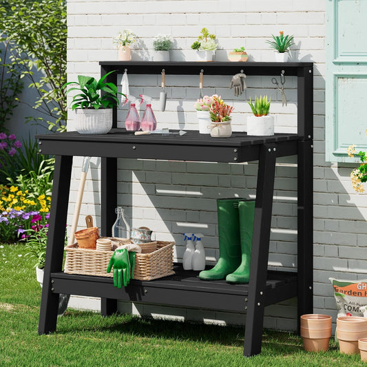 SERWALL Potting Bench Outdoor with Storage, 3-Tier HDPE Gardening Table with Angled Legs & Tool Hooks, All-Weather Heavy Duty Potting Table for Patio, Backyard, Garden, Black