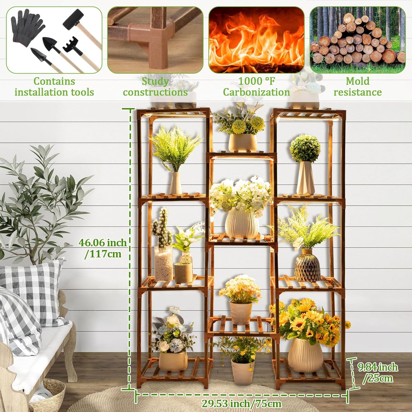 Dreyoo Plant Stand with Grow Lights, Wood Plant Shelf with Full Spectrum Grow Lamp for Indoor Corner, Vintage Multi Layer Lighted Stand for Living Room Balcony Display(11 Tiered Shape)