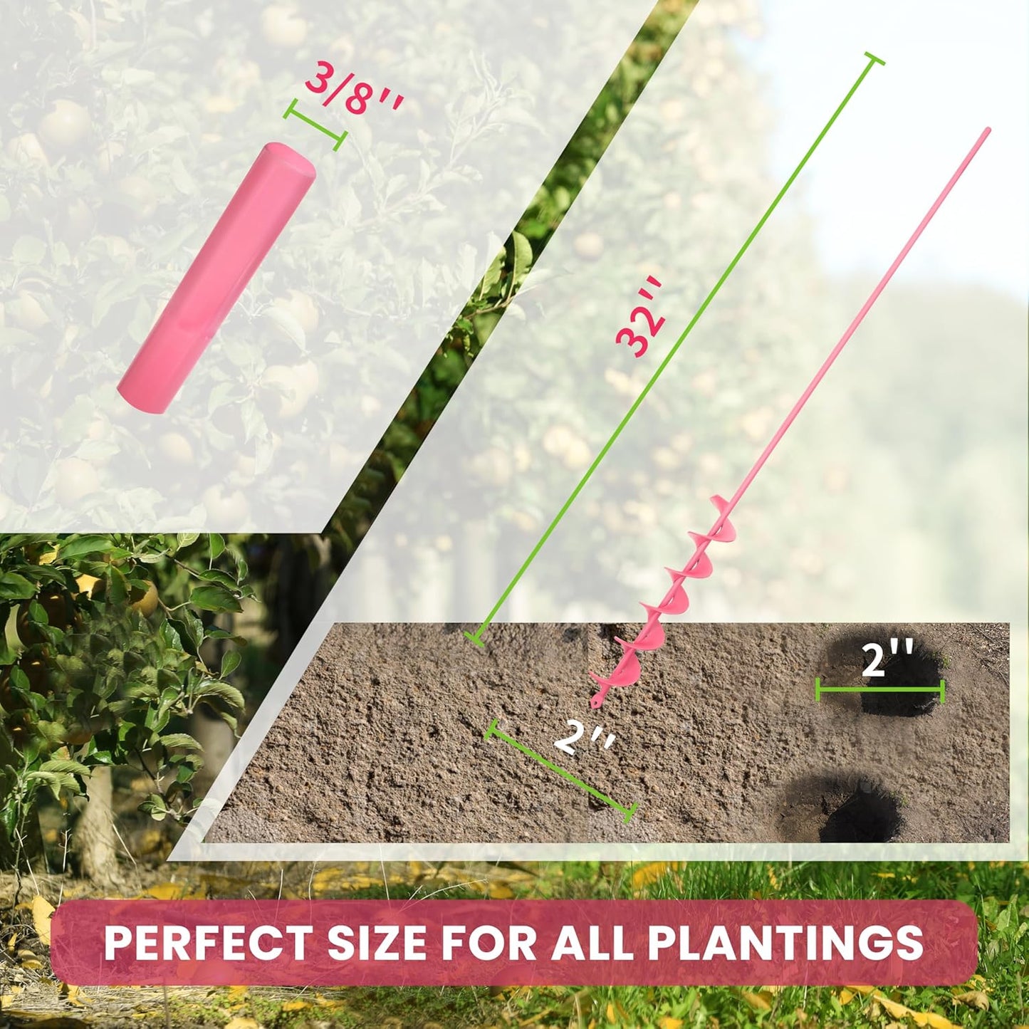 2x32 Inch Pink Long Handle Auger Drill Bit for Planting - Garden Tools Auger Drill Bit, Spiral Garden Auger for Planting Bulbs and Flowers
