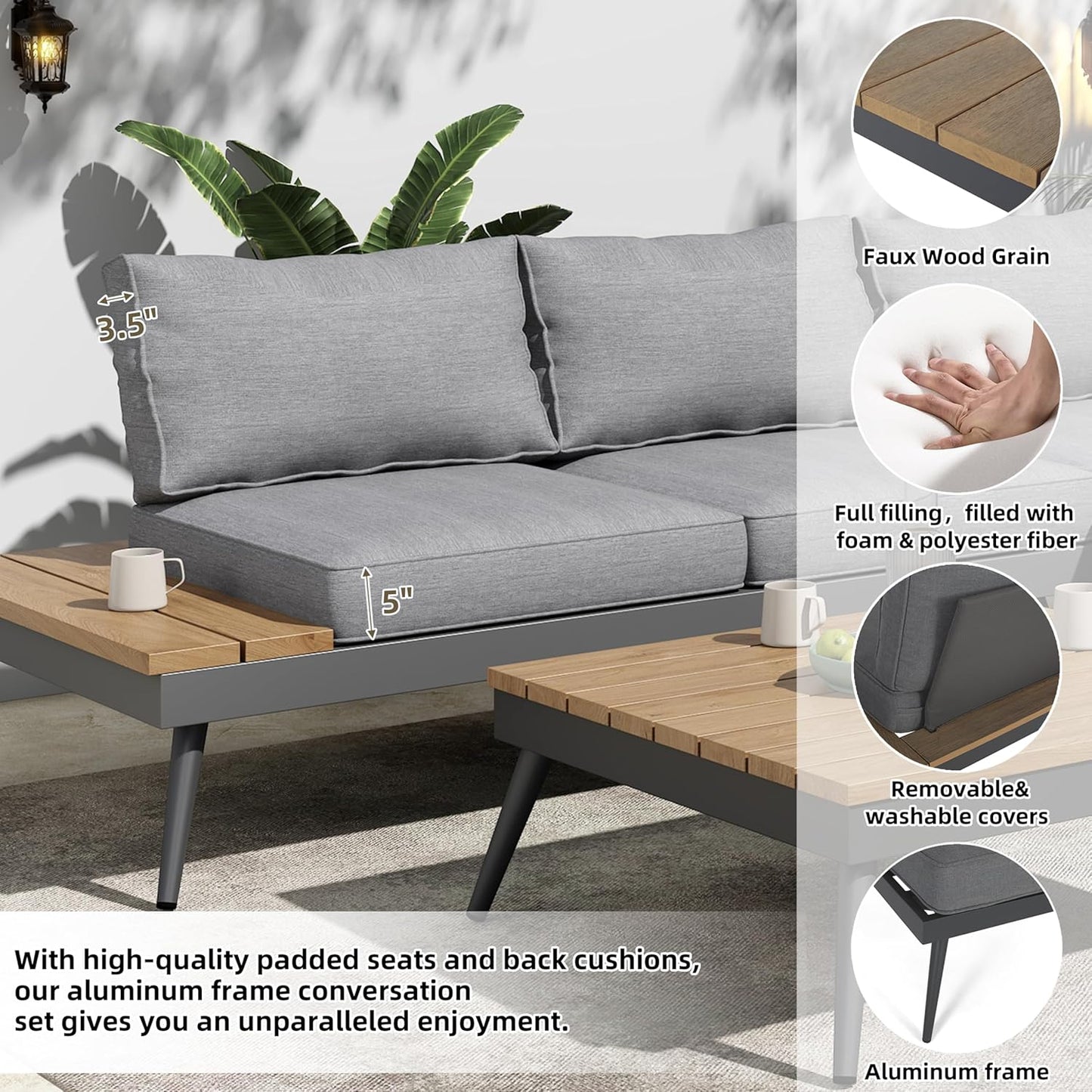 Outdoor V-Shaped 4-Piece Alum Patio Sofa Set, L-Shaped Conversation Set with Coffee Table, Aluminum Frame, Faux Wood, Outdoor Sectional Sofa Set for Garden