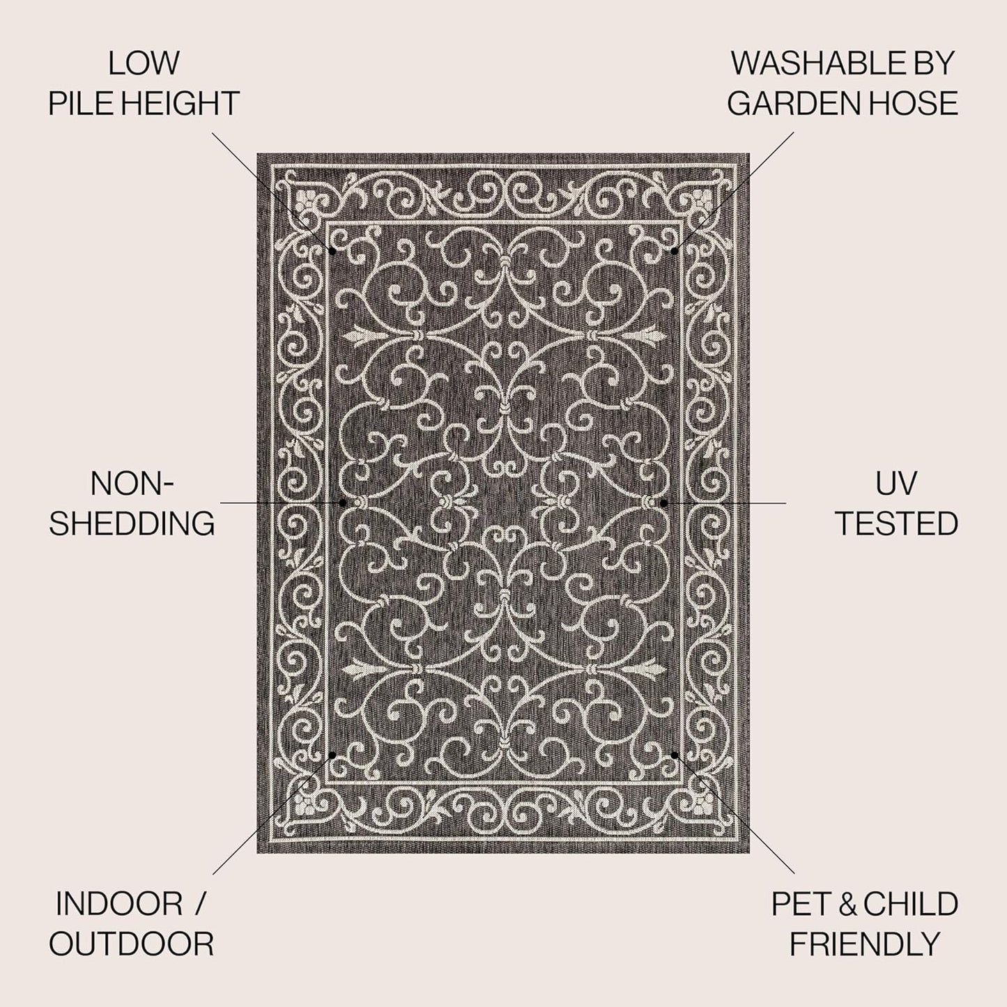 JONATHAN Y SMB106G-14 Charleston Vintage Filigree Textured Weave Black/Gray 10 ft. x 14 ft. Indoor/Outdoor Area Rug, Pet Friendly, Non-Shedding, Stain Resistant, Easy-Cleaning for Backyard, Patio