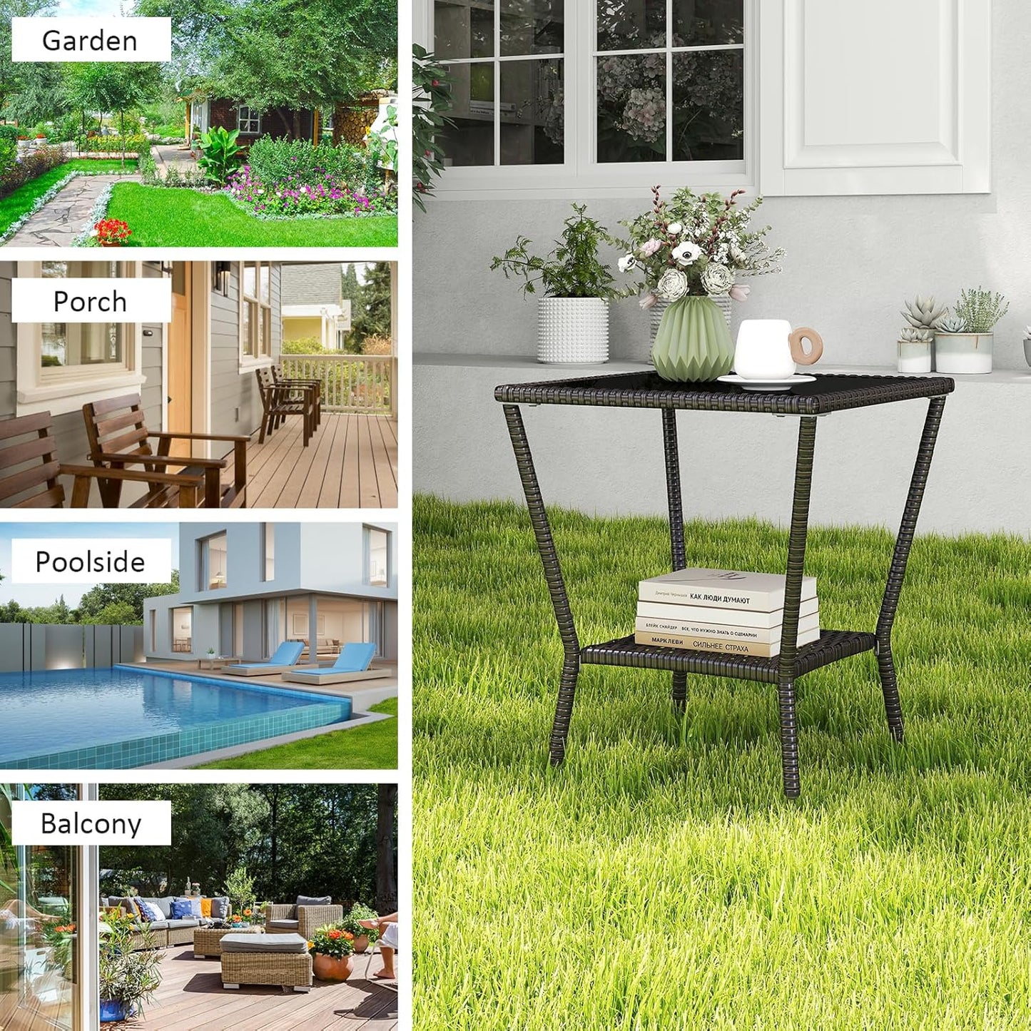 Outdoor Small Patio Table - PE Rattan Coffee Table, Wicker Side Table for Patio, Balcony & Porch, Durable & Iron Frame (1, Black Brown)