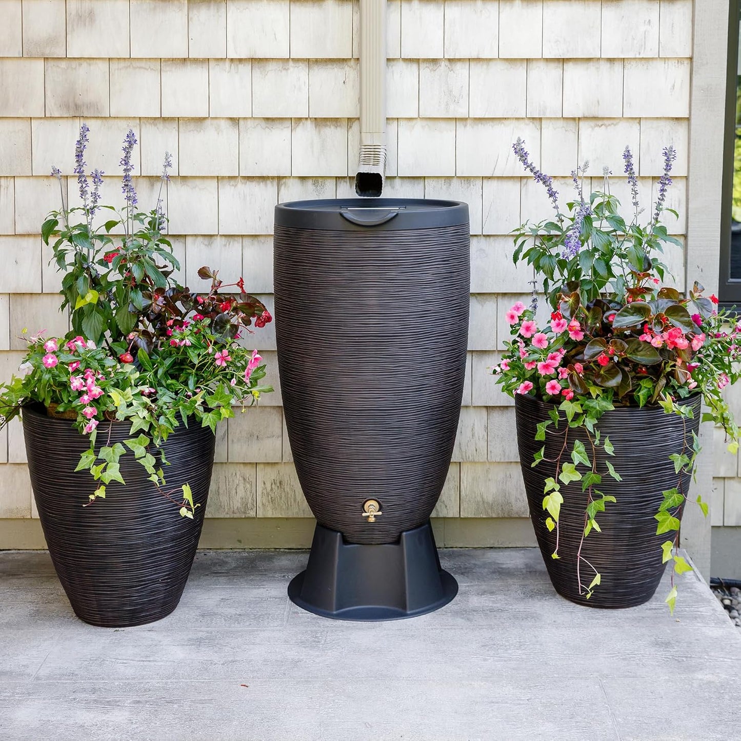 Newport 50‑Gallon Flat‑Back Rain Barrel with Stand & Planter Bundle – Bronze | Removable Lid, UV-Stabilized Outdoor Water Storage