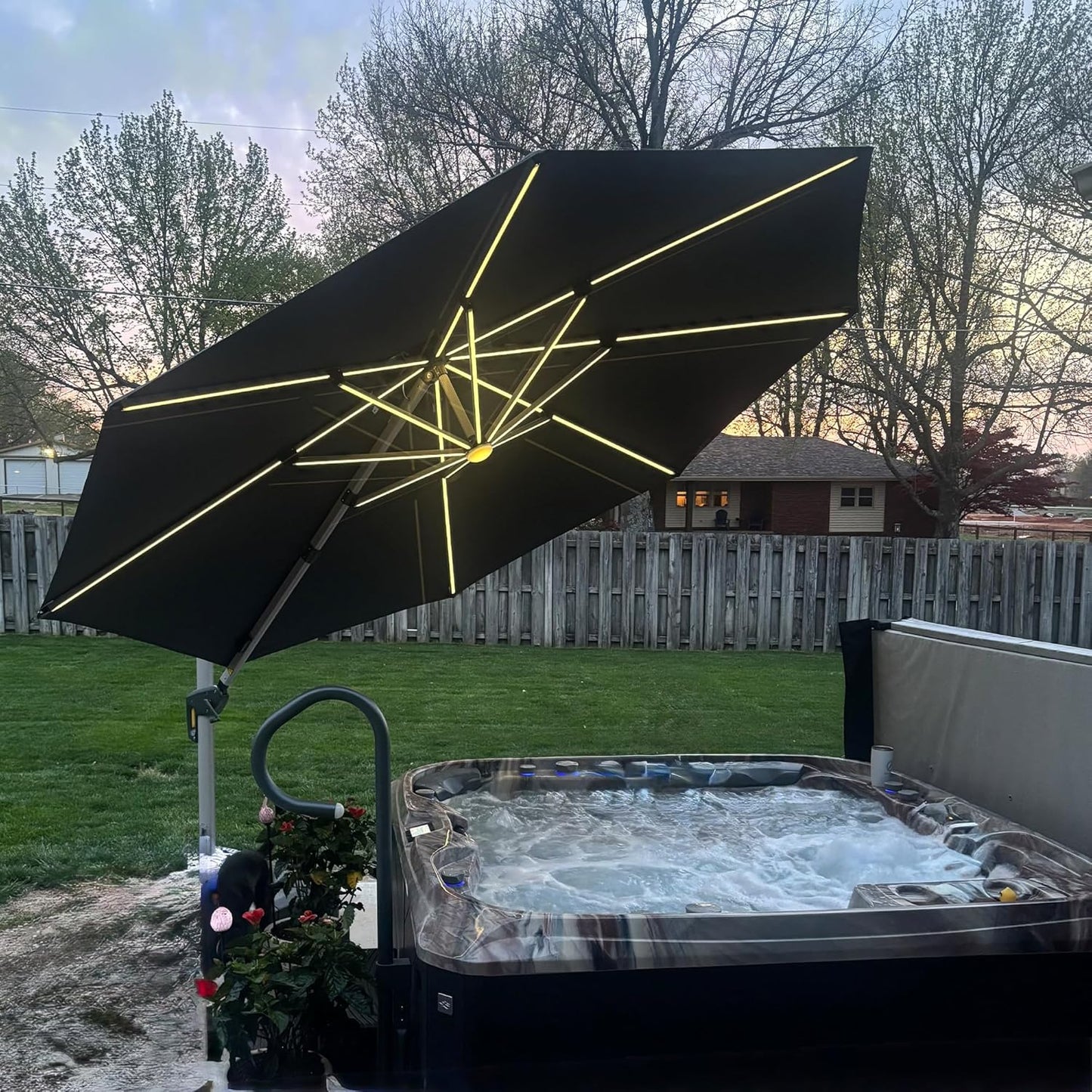 PURPLE LEAF 12ft Solar powered LED Patio Umbrella Outdoor Round Umbrella Large Cantilever Umbrellas with LED lights Windproof Offset Umbrellas Heavy Duty Sun Umbrella for Garden Deck Pool Patio, Grey