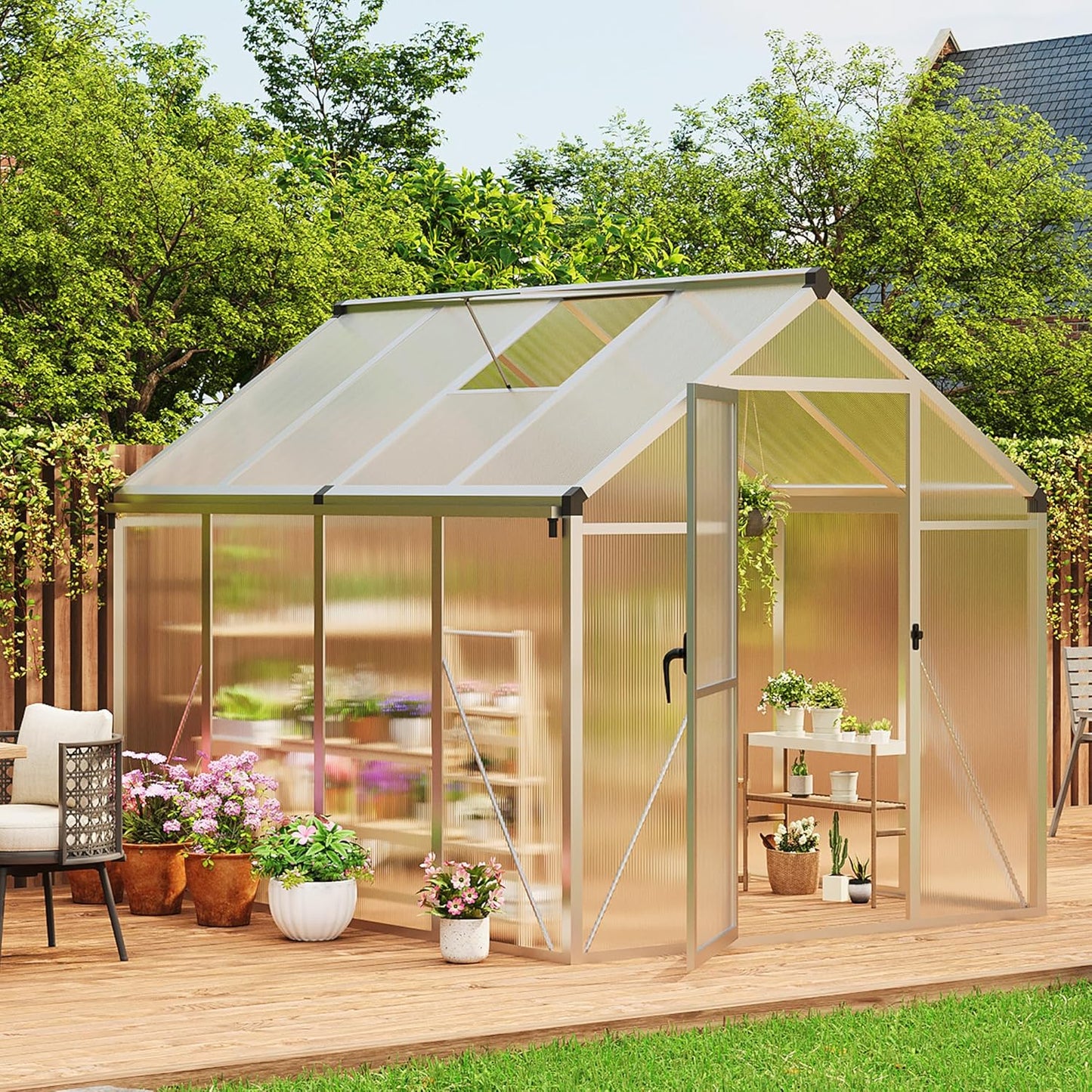 6x8 FT Greenhouse, Easy Assembly Aluminum Polycarbonate Greenhouses for Outdoors with Roof Vent and Ground Nails, Heavy Duty Aluminum Walk-in Greenhouse for Backyard, Sliding Lockable Door, Silver