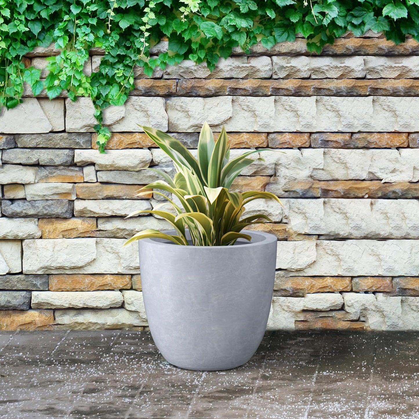 Kante 14 Inch Dia Round Concrete Planter, Indoor Outdoor Large Plant Pot with Drainage Hole and Rubber Plug for Home Patio Garden, Slate Gray