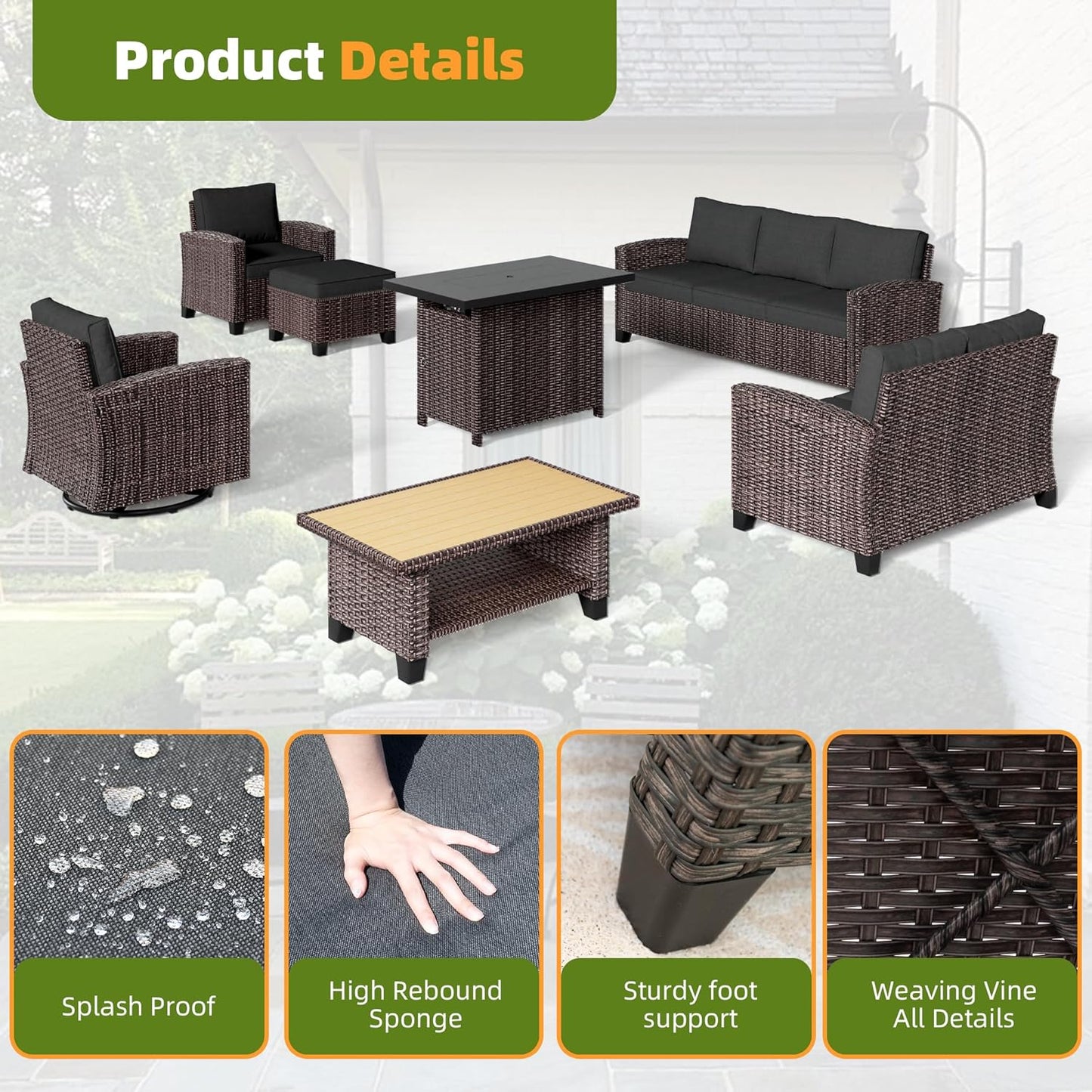 Outdoor Patio Sectional Sofa Set, 7-Piece Rattan Furniture, Patio Conversation Sets with 2 Ottomans Cushions, Seats 5, Dark Grey