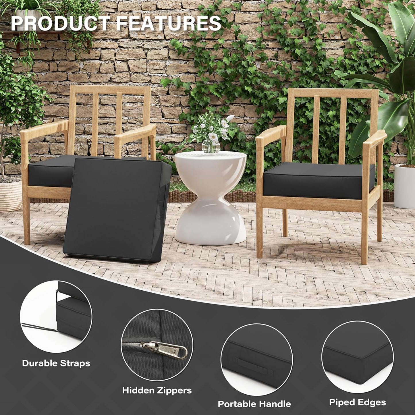 Patio Chair Cushions 19 X 19 X 4 Inch Waterproof Outdoor Seat Cushions for Patio Furniture, Outdoor Sofa Couch Pads with Ties & Handle, Set of 2, Grey