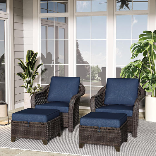 4 Pieces Patio Outdoor Conversation Furniture Set with Cushions, All-Weather Wicker Ottomans, PE Rattan 2 Chairs for Backyard, Deck, Lawn (Navy Blue)