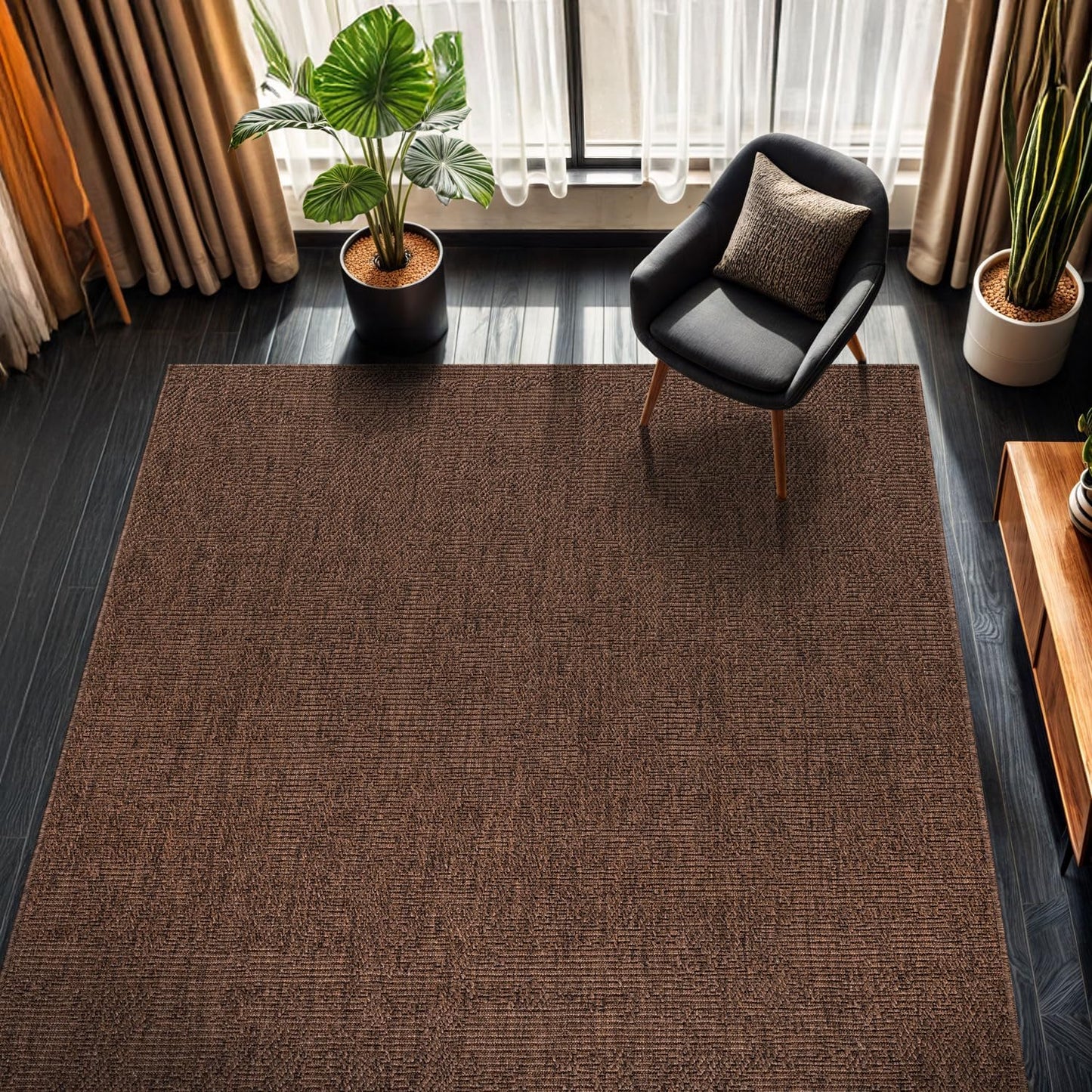 CAMILSON Easy Jute Rug 10x14, Indoor Outdoor Brown Color Fiber Area Rugs for Living Room Patio and Kitchen Rug, Solid Boho Woven Design, Easy-Cleaning, Washable Outside Carpet Alfombras (10 x 14)