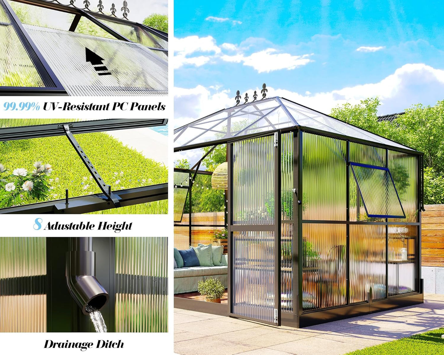 Jocisland 11x8.3x8.6 FT Polycarbonate Greenhouse- 6 FT Wall Height Outdoor Aluminum Greenhouses with 2 Ventilation and Rain Gutter, Double Doors with Hook, Walk-in Greenhouse for Backyard Garden