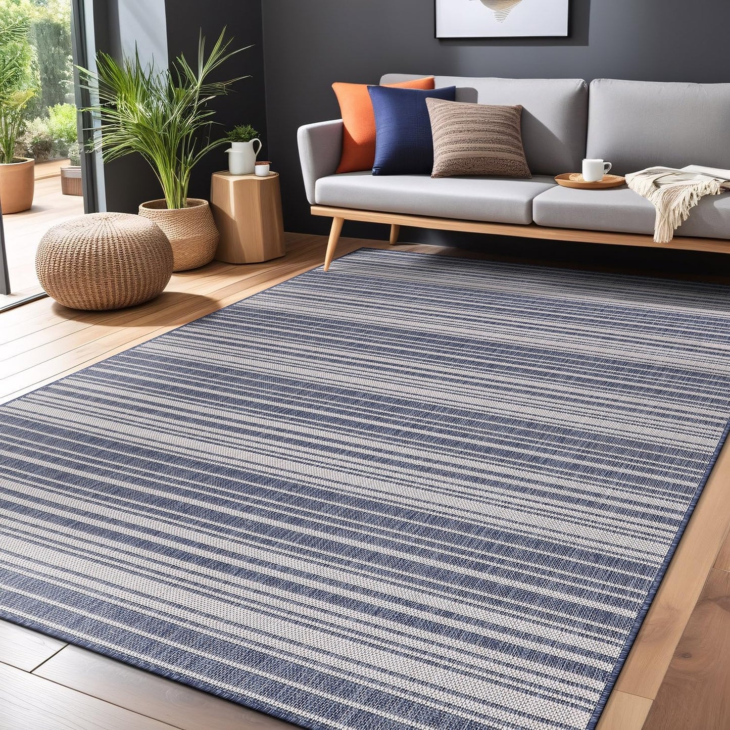 Stripe Outdoor Rug 6x9 Washable Outside Carpet for Indoor Patio Porch Waterproof Easy Cleaning Non Shedding Area Rugs Blue 6 x 9