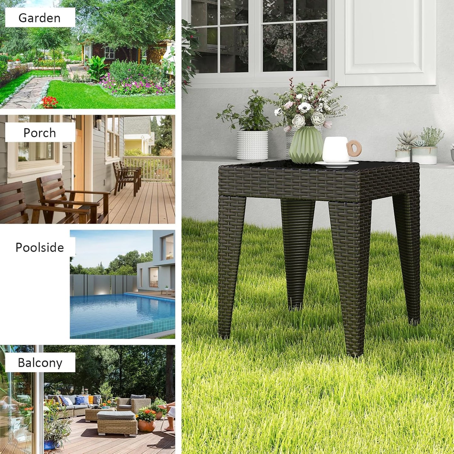 Outdoor Small Patio Table - PE Rattan Coffee Table, Wicker Side Table for Patio, Balcony & Porch, Durable & Iron Frame (1, Rattan Black)