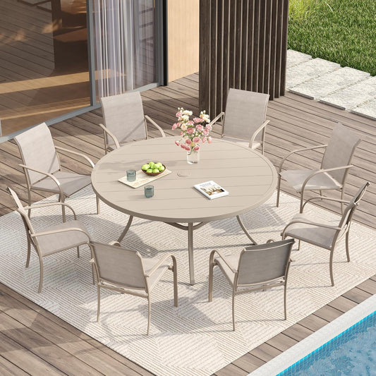 VICLLAX Patio Dining Set for 8, Outdoor Furniture Set Includes 53" Round Patio Table and 8 Patio Sling Chairs, Sandshell Color Tabletop and Fabric