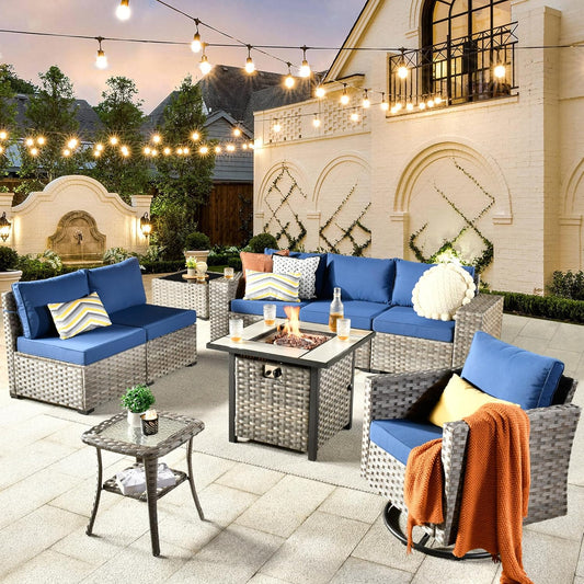 HOOOWOOO 9 Piece Modular Patio Outdoor Sectional Furniture Set with Gas Propane Fire Pit Table,Wicker Conversation Sofa Set with Swivel Chairs,Outside Couch Set(Navy Blue)