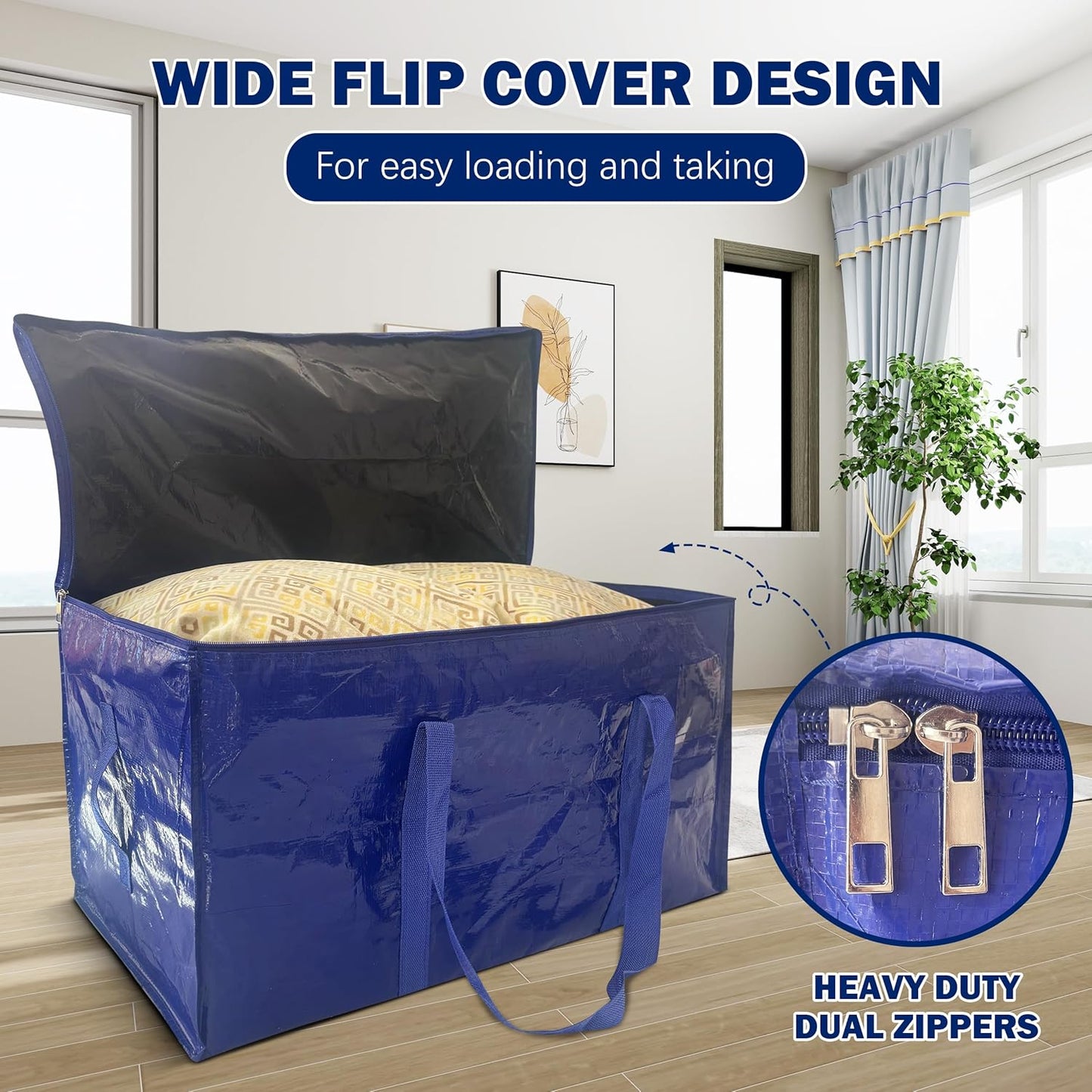 12 Pack Extra Heavy Duty Large Moving Bags with Strong Zipper & Carrying Handles, Sturdy Clothes Storage Bags Totes Bins, Packing Bag Move Boxes College Moving Supplies, Dark Blue - 24 gal