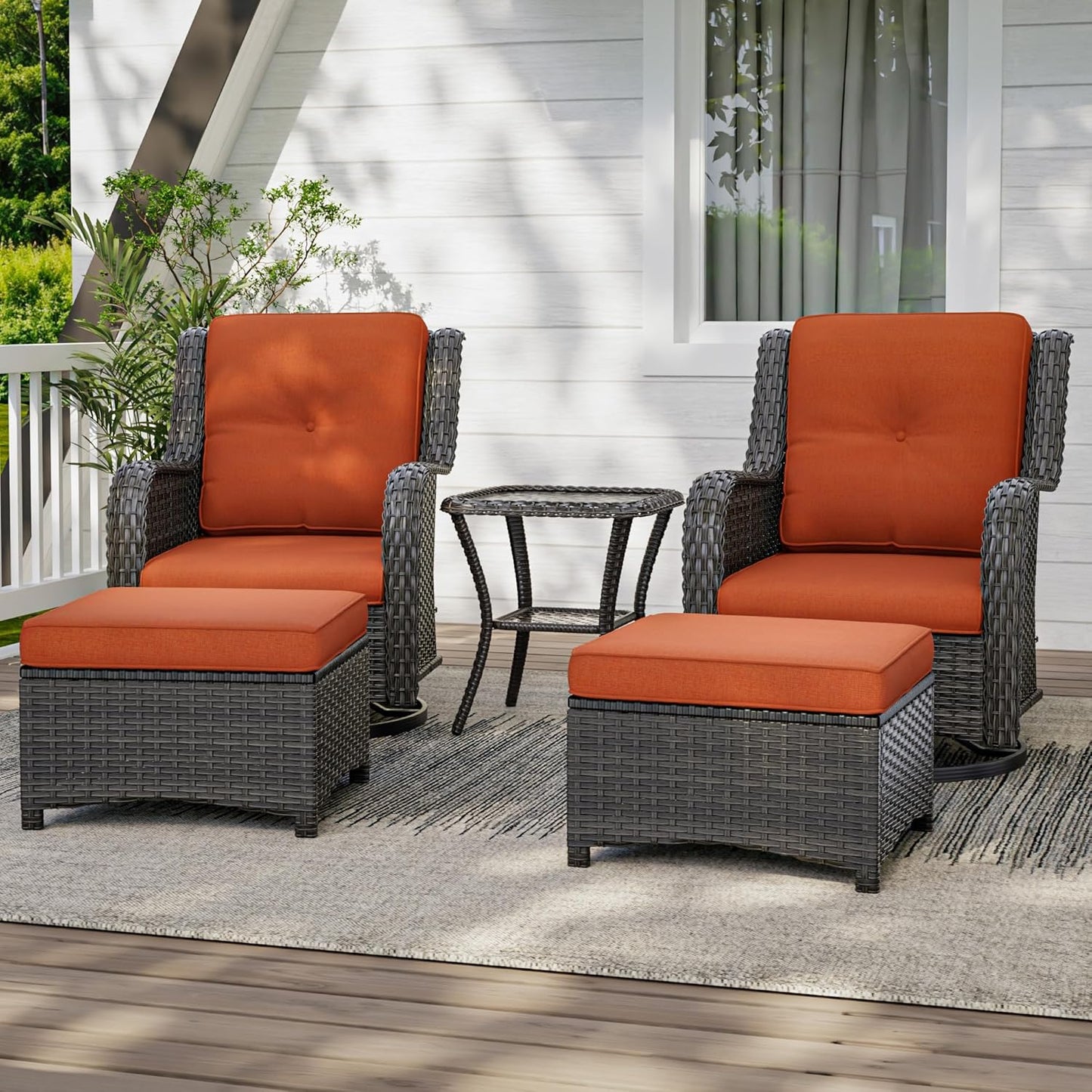 5 Piece Outdoor Patio Furniture Set Wicker Conversation Set Swivel Rocking Chairs with Side Table and Ottomans for Backyard, Porch, Deck, Orange