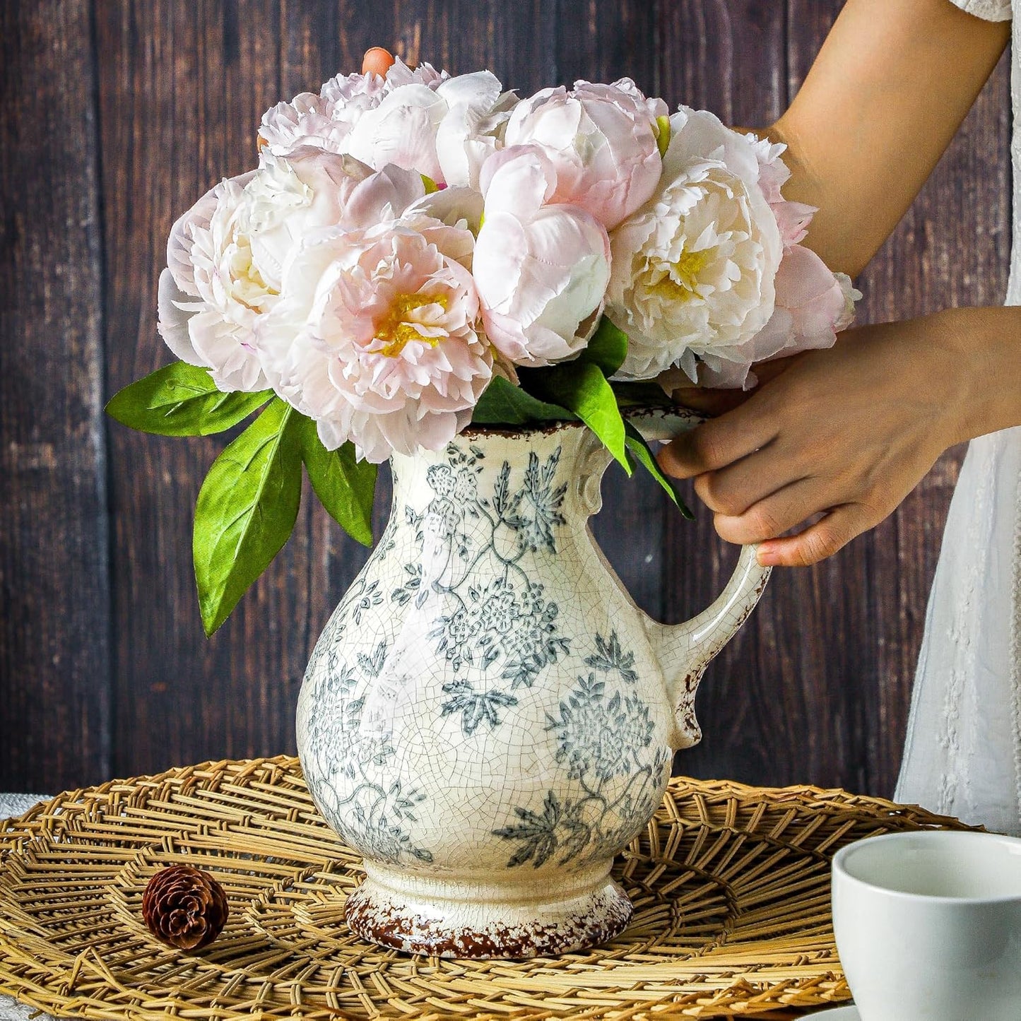 Enra Large Vintage Blue and White and Pitcher for Home Decor, 9.7 Inch Rustic Chinoiserie Decorative Vases, Green and Beige Ceramic Vases for Living Room, Kitchen, Office – Large Vases for Decor