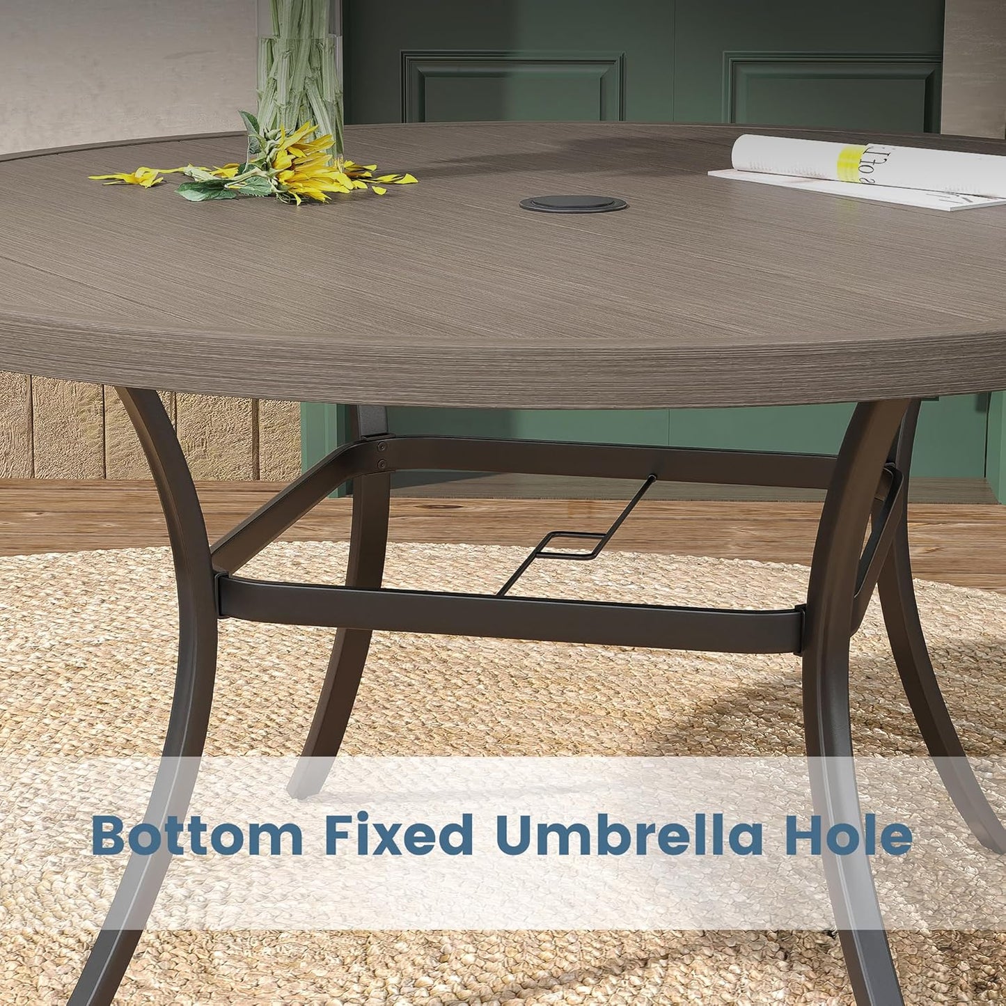 DIFY 50" Round Outdoor Patio Dining Table for 6, Metal Patio Table with 1.57" Adjustable Umbrella Hole, All-Weather Dining Furniture Table for Backyard Lawn Garden, Grey Wood-Like