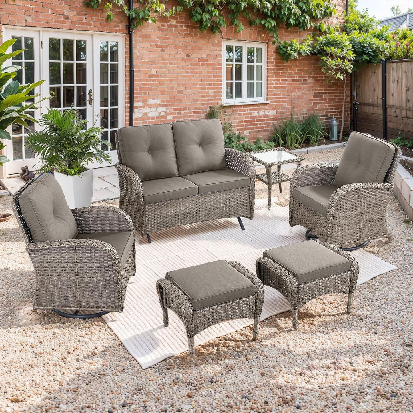 HUMMUH 6 Pieces Patio Furniture Set-Patio Glider Loveseat with Rattan Outdoor Swivel Chairs Outdoor Conversation Furniture Sets for Deck Lawn Porch Balcony Poolside-Grey/Grey
