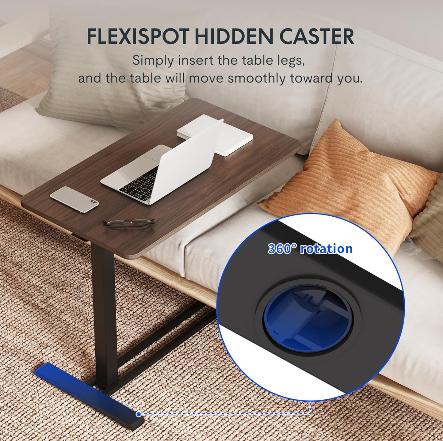 FLEXISPOT Adjustable C Table with Wheels, Mobile Snack Side End Table Sofa Couch Bedside Table Laptop Rolling Cart TV Tray Night Stand for Small Space Side Table(27.6" W x 15.7" D,Rustic Brown)