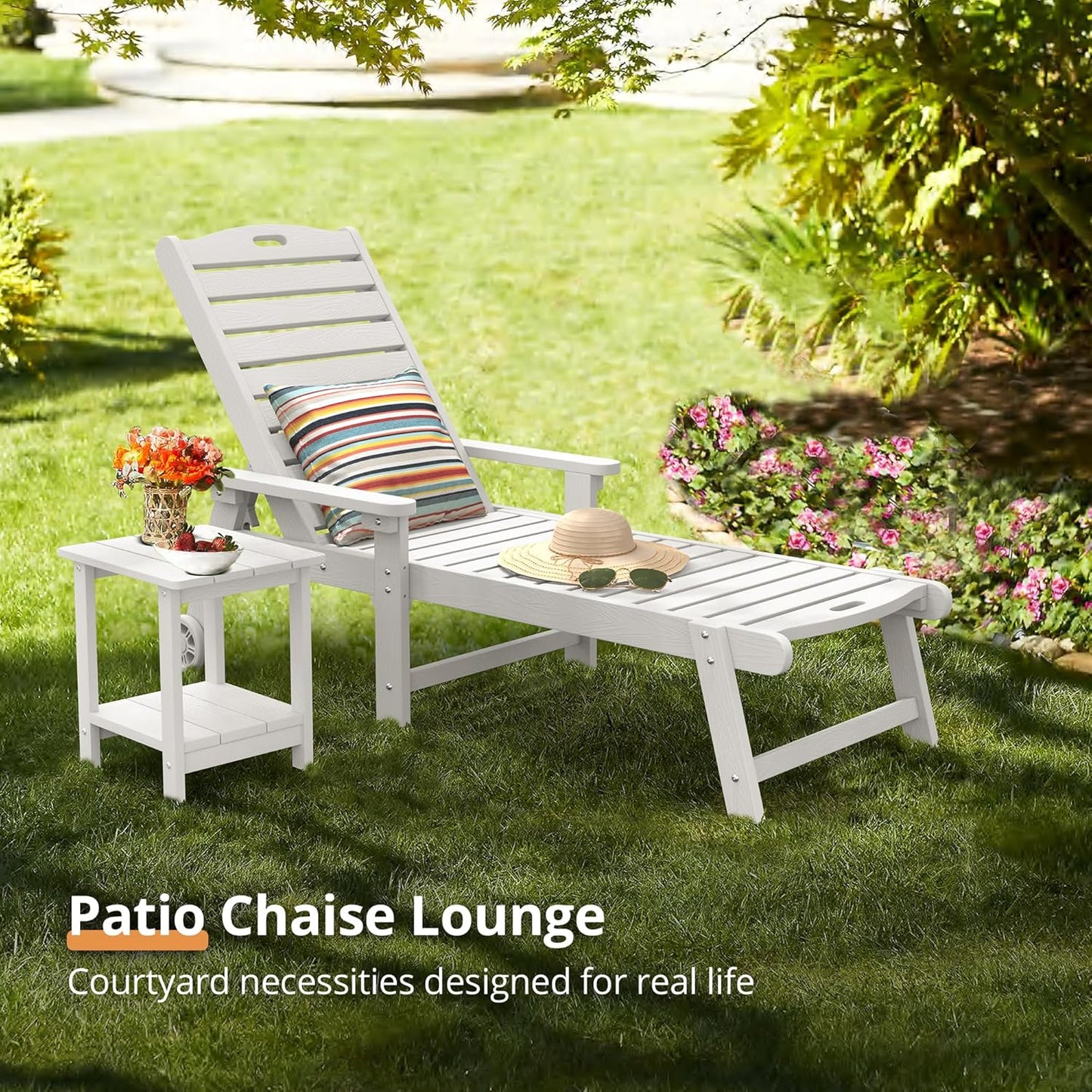 LUE BONA Chaise Lounge Chairs Set with Table, 3-Piece, 79'' Oversized HDPS Chaise Lounger, 5 Positions Adjustable Lounge Chairs, Pool Lounge Chair with Wheels for Poolside, 3 Year Warranty, White