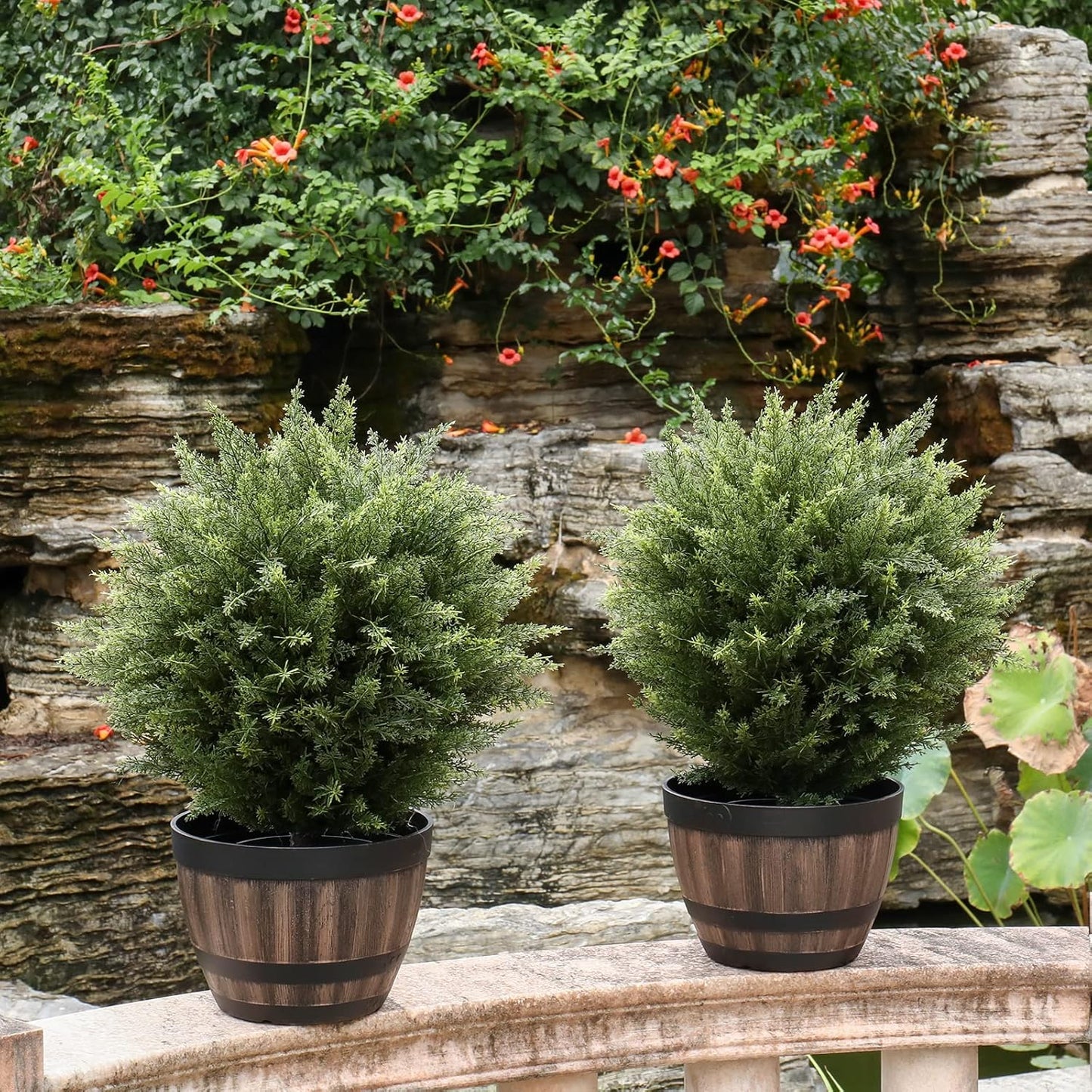 21” Artificial Cedar Outdoor Artificial Shrub Sunlight Resistant Leafy Potted Plant for Indoor Porch of Home and Office Artificial Outdoor Tree 2 Pieces a Set Topiary Trees